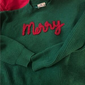 Green Crewneck Sweater with Red 'Merry' Appliqué